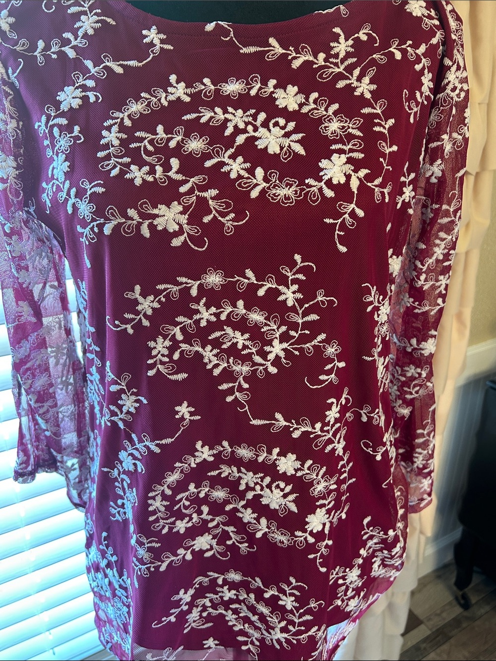 new directions Burgundy Lace Sleeve Floral Embroidered Tunic